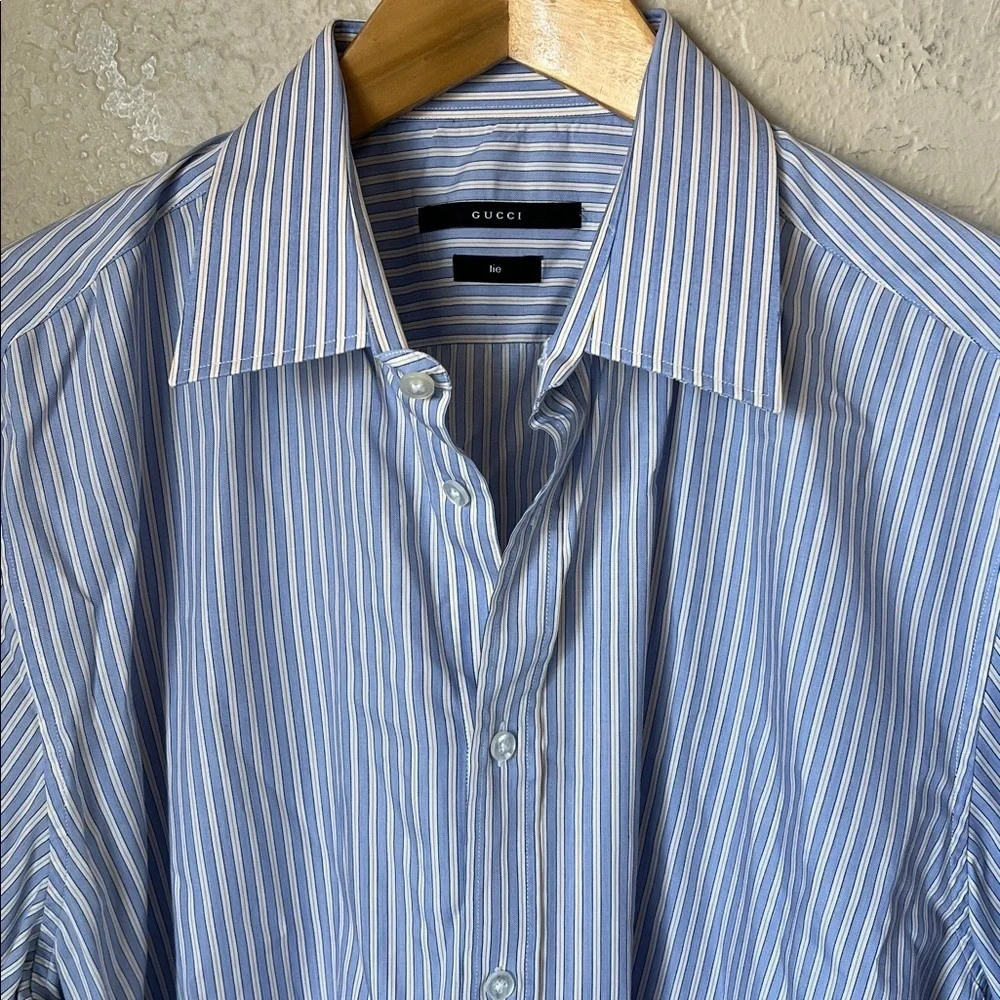 Gucci blue & white yellow pinstripe button down cotton dress shirt